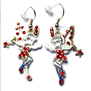 Fairy Earrings Red Rhinestones Silver Tone